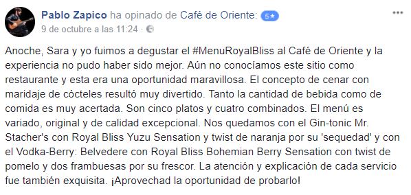 Menú Royal Bliss - Experiencias del Café de Oriente